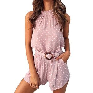 Seven Wonders Pink Polka Dot Sleeveless Halter Romper with Tortoise Shell Belt
